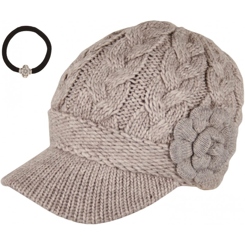 Skullies & Beanies Women's Cable Knitted Double Layer Visor Beanie Hats with Hair Tie - Beige - CO1297IXARV $18.50