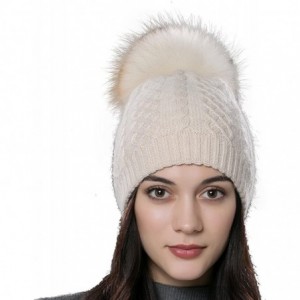 Skullies & Beanies Womens Winter Bobble Hat Unisex Wool Knit Beanie Cap with Fur Ball Pompom - Beige With Fox Fur Pompom - CT...