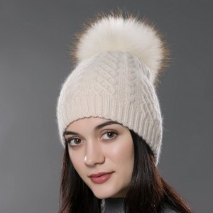 Skullies & Beanies Womens Winter Bobble Hat Unisex Wool Knit Beanie Cap with Fur Ball Pompom - Beige With Fox Fur Pompom - CT...