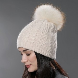 Skullies & Beanies Womens Winter Bobble Hat Unisex Wool Knit Beanie Cap with Fur Ball Pompom - Beige With Fox Fur Pompom - CT...