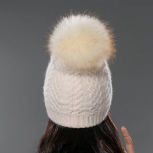 Skullies & Beanies Womens Winter Bobble Hat Unisex Wool Knit Beanie Cap with Fur Ball Pompom - Beige With Fox Fur Pompom - CT...