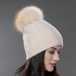 Skullies & Beanies Womens Winter Bobble Hat Unisex Wool Knit Beanie Cap with Fur Ball Pompom - Beige With Fox Fur Pompom - CT...
