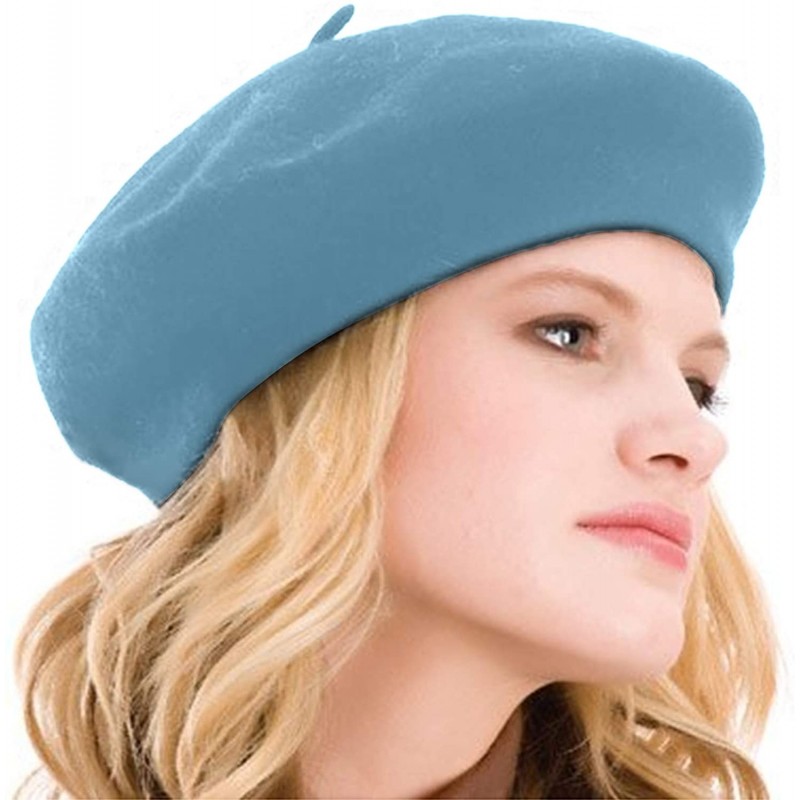 Berets Womens Beret 100% Wool French Beret Solid Color Beanie Cap Hat - Aqua Sky - CW18NZGEU33 $10.67