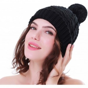 Skullies & Beanies Women's Winter Beanie Warm Fleece Lining - Thick Slouchy Cable Knit Skull Hat Ski Cap - Black - C512MYMWTX...