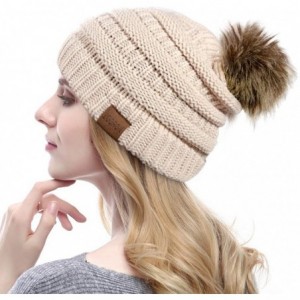 Skullies & Beanies Pompom Beanie for Women-Faux Fur Winter Soft Warm Beanie Hat Cable Knit Slouchy - Style2-beige - CR18MDDKR...