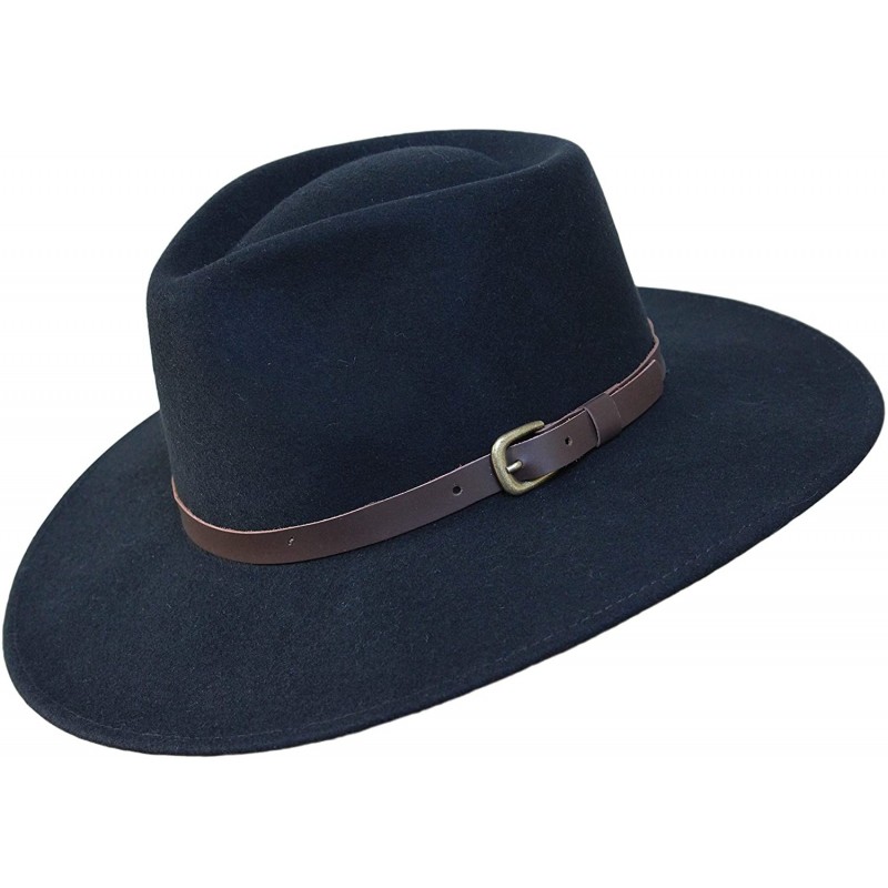 Fedoras B&S Premium Lewis - Wide Brim Fedora Hat - 100% Wool Felt - Water Resistant - Leather Band - Black - CA18338MG9N $40.13