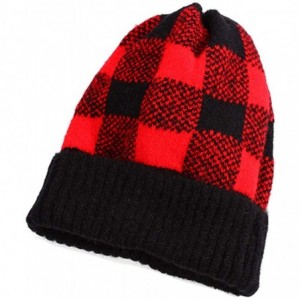Skullies & Beanies Warm Cozy and Cute Buffalo Check Beanie Hat with Cuff Soft Acrylic - Black/Red - CO18AAH6T9S $11.75