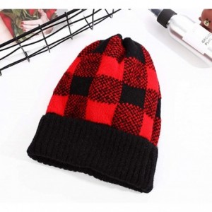 Skullies & Beanies Warm Cozy and Cute Buffalo Check Beanie Hat with Cuff Soft Acrylic - Black/Red - CO18AAH6T9S $11.75