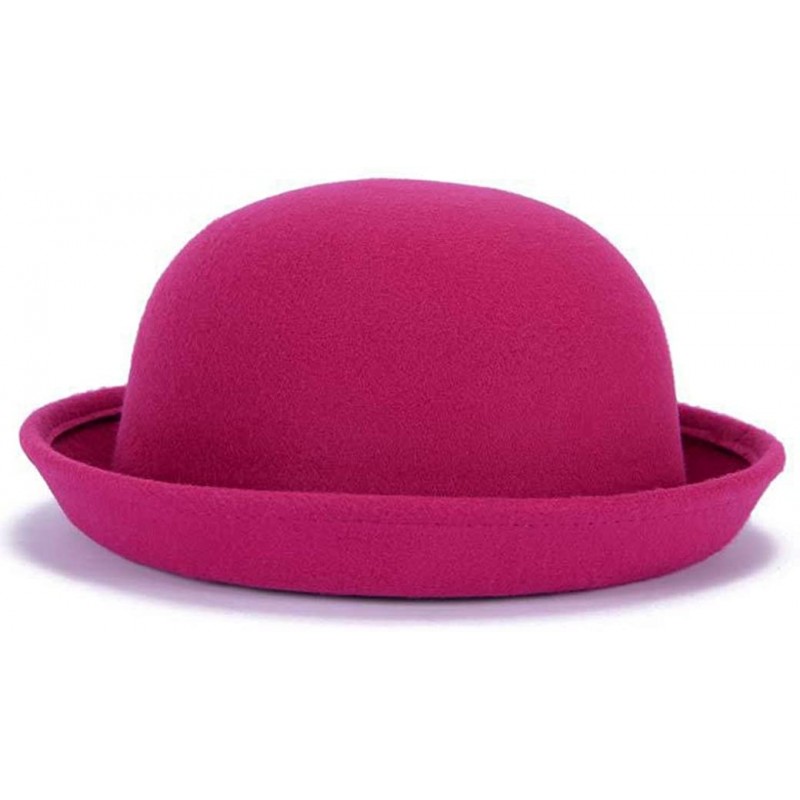 Fedoras Classic Wool Round Bowler Hats - Trendy Derby Fedora Bucket Caps with Roll-up Brim for Youth Petite - Rose Red - CL12...