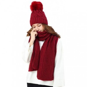 Skullies & Beanies Cold Winter Women Warm Scarf Beanie Hat Set Knitted Fleece Girls Pompom - Wine Red - CK18KNWUG2Z $11.65