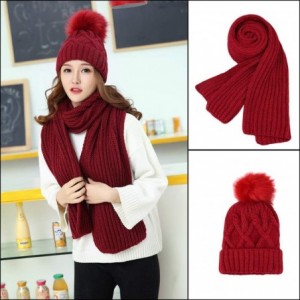 Skullies & Beanies Cold Winter Women Warm Scarf Beanie Hat Set Knitted Fleece Girls Pompom - Wine Red - CK18KNWUG2Z $11.65