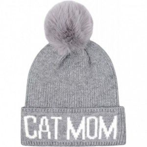 Skullies & Beanies Cat Mom Faux Fur Pompom Knit Beanie - Grey Hat White Cat Mom Grey Pompom - CK18Z3IRRY4 $18.63