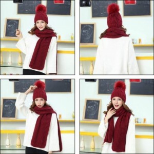 Skullies & Beanies Cold Winter Women Warm Scarf Beanie Hat Set Knitted Fleece Girls Pompom - Wine Red - CK18KNWUG2Z $11.65