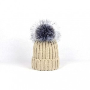 Skullies & Beanies Women Warm Faux Fur Pom Hat Soft Thick Cable Knit Winter Cap Cuff Beanie - Beige - CN188S3RIG4 $9.65