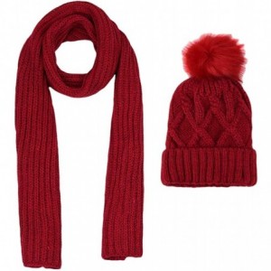 Skullies & Beanies Cold Winter Women Warm Scarf Beanie Hat Set Knitted Fleece Girls Pompom - Wine Red - CK18KNWUG2Z $11.65