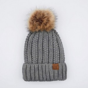 Skullies & Beanies Exclusives Fuzzy Lined Knit Fur Pom Beanie Hat (YJ-820) - Lt. Mel Grey - C018I6QD5EZ $19.38