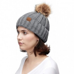 Skullies & Beanies Exclusives Fuzzy Lined Knit Fur Pom Beanie Hat (YJ-820) - Lt. Mel Grey - C018I6QD5EZ $19.38