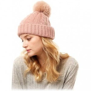 Skullies & Beanies Me Plus Women Fashion Fall Winter Soft Cable Knitted Faux Fur Pom Pom Beanie Hat - Cable Knit - Pink - CK1...