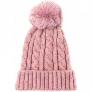 Skullies & Beanies Me Plus Women Fashion Fall Winter Soft Cable Knitted Faux Fur Pom Pom Beanie Hat - Cable Knit - Pink - CK1...
