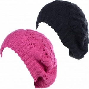 Berets Winter Chic Warm Double Layer Leafy Cutout Crochet Chunky Knit Slouchy Beret Beanie Hat Solid - CK18X63HY0K $16.74