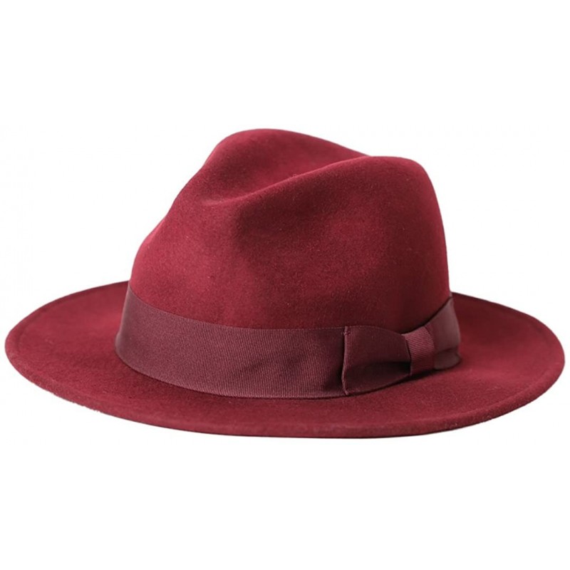 Fedoras Women's 100% Wool Felt Hat Jazz Hat Cowboy Hat with Big Bowknot - Burgundy - CD125MDB0HD $39.05