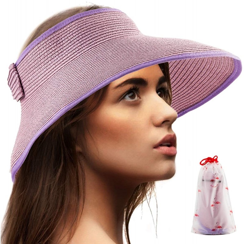 Visors Foldable Sun Visors for Women - Beach Hat Wide Brim Sun Hat Roll-Up Straw Hat - C518WQEETO6 $11.58