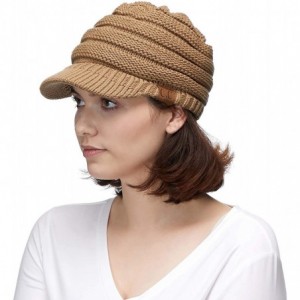 Skullies & Beanies Hatsandscarf Exclusives Women's Ribbed Knit Hat with Brim (YJ-131) - Camel With Ponytail Holder - CM18XEED...