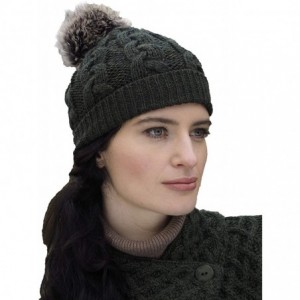 Skullies & Beanies Women's Irish Cable Knitted Soft Pom Faux Fur Hat (100% Merino Wool) - Army Green - C818L4W4RRL $31.61