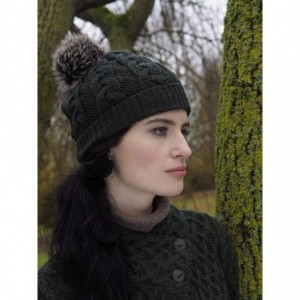 Skullies & Beanies Women's Irish Cable Knitted Soft Pom Faux Fur Hat (100% Merino Wool) - Army Green - C818L4W4RRL $31.61