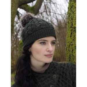 Skullies & Beanies Women's Irish Cable Knitted Soft Pom Faux Fur Hat (100% Merino Wool) - Army Green - C818L4W4RRL $31.61