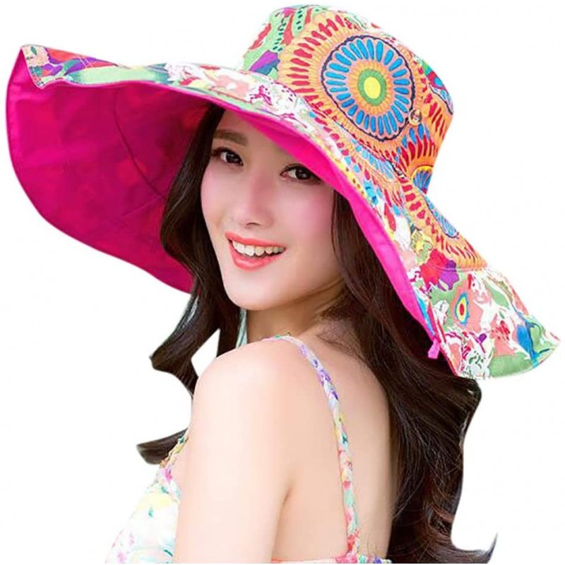 Sun Hats Women Print Two-Side Big Brim Straw Hat Sun Floppy Wide Brim Hats Beach Cap - Hot Pink - CC18NEE4TUH $7.31