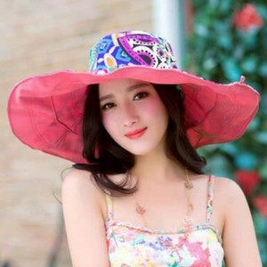 Sun Hats Women Print Two-Side Big Brim Straw Hat Sun Floppy Wide Brim Hats Beach Cap - Hot Pink - CC18NEE4TUH $7.31