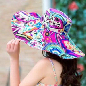 Sun Hats Women Print Two-Side Big Brim Straw Hat Sun Floppy Wide Brim Hats Beach Cap - Hot Pink - CC18NEE4TUH $7.31