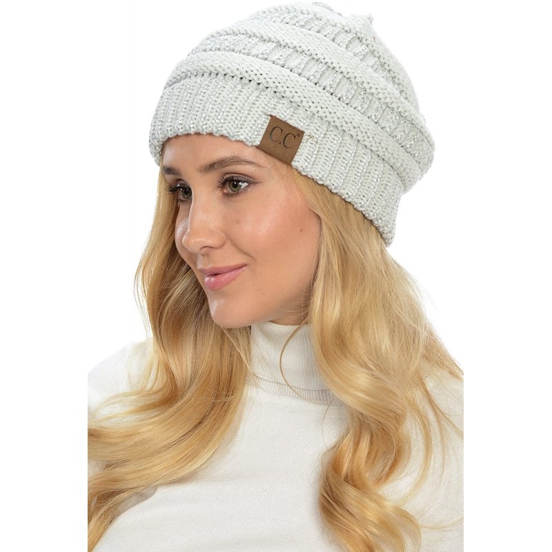 Skullies & Beanies USA Trendy Warm Chunky Soft Stretch Cable Knit Slouchy Beanie - Ivory/Metallic Silver - C712N33KHPV $11.00