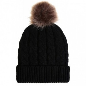 Skullies & Beanies Women's Winter Ribbed Knit Faux Fur Pompoms Chunky Lined Beanie Hats - Black - CL1862523S7 $9.09