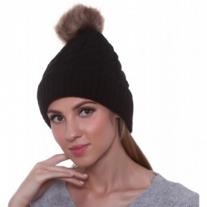 Skullies & Beanies Women's Winter Ribbed Knit Faux Fur Pompoms Chunky Lined Beanie Hats - Black - CL1862523S7 $9.09