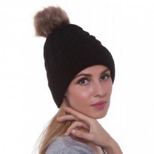 Skullies & Beanies Women's Winter Ribbed Knit Faux Fur Pompoms Chunky Lined Beanie Hats - Black - CL1862523S7 $9.09