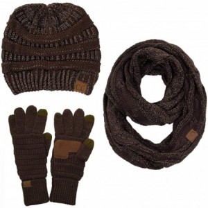 Skullies & Beanies 3pc Set Trendy Warm Chunky Soft Stretch Cable Knit Beanie Scarves Gloves Set - Metallic Brown - C7193NRQ27...