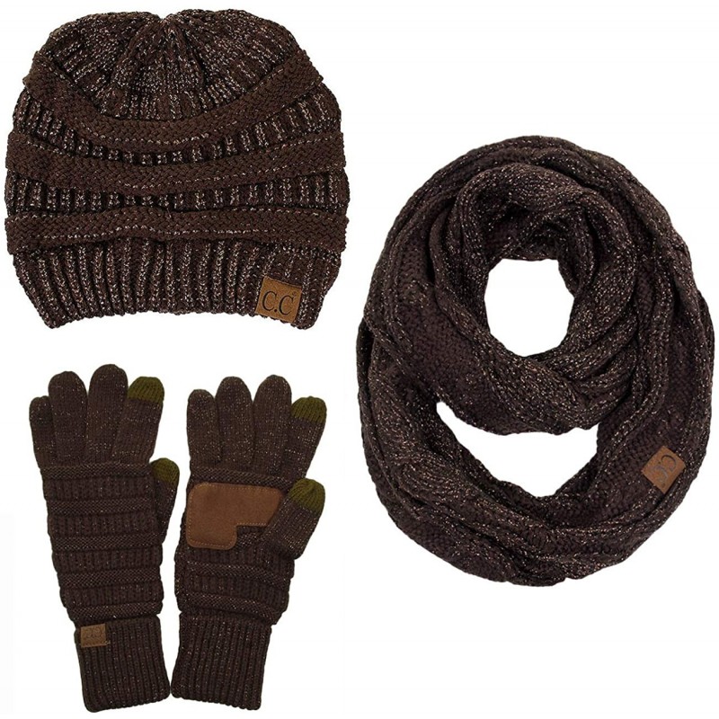 Skullies & Beanies 3pc Set Trendy Warm Chunky Soft Stretch Cable Knit Beanie Scarves Gloves Set - Metallic Brown - C7193NRQ27...