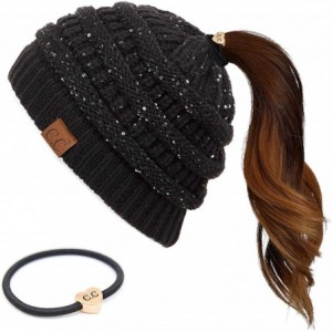 Skullies & Beanies Messy Bun Ponytail Magic Magic Sequin Beanie Hat Bundle Hair Tie (MB-730) - Black - With Cc Ponytail Holde...