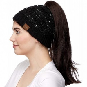 Skullies & Beanies Messy Bun Ponytail Magic Magic Sequin Beanie Hat Bundle Hair Tie (MB-730) - Black - With Cc Ponytail Holde...