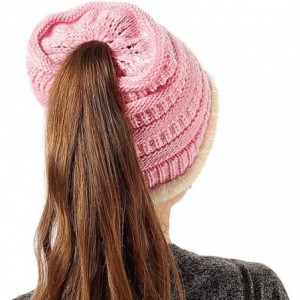 Skullies & Beanies Womens Ponytail Beanie Hats Warm Fuzzy Lined Soft Stretch Cable Knit Messy High Bun Cap - Pink Mix - CJ18Z...