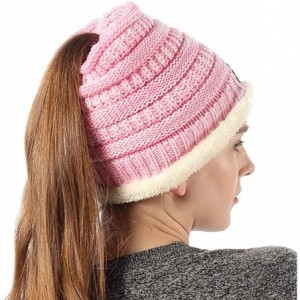 Skullies & Beanies Womens Ponytail Beanie Hats Warm Fuzzy Lined Soft Stretch Cable Knit Messy High Bun Cap - Pink Mix - CJ18Z...