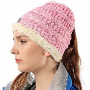 Skullies & Beanies Womens Ponytail Beanie Hats Warm Fuzzy Lined Soft Stretch Cable Knit Messy High Bun Cap - Pink Mix - CJ18Z...