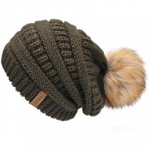 Skullies & Beanies Womens Winter Knit Slouchy Beanie Hat Warm Skull Ski Cap Faux Fur Pom Pom Hats for Women - 36- Army Green ...