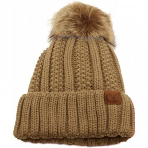 Skullies & Beanies Winter Sherpa Fleeced Lined Chunky Knit Stretch Pom Pom Beanie Hat Cap - Solid Taupe - CH18K2TWW8X $8.33