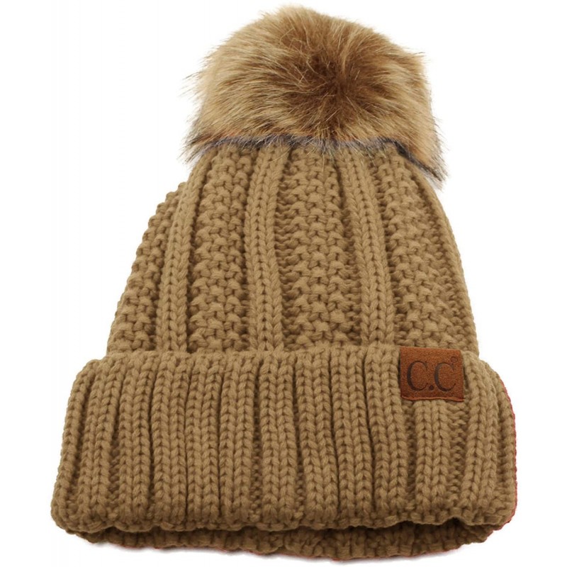 Skullies & Beanies Winter Sherpa Fleeced Lined Chunky Knit Stretch Pom Pom Beanie Hat Cap - Solid Taupe - CH18K2TWW8X $8.33