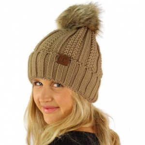 Skullies & Beanies Winter Sherpa Fleeced Lined Chunky Knit Stretch Pom Pom Beanie Hat Cap - Solid Taupe - CH18K2TWW8X $8.33