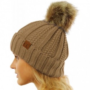 Skullies & Beanies Winter Sherpa Fleeced Lined Chunky Knit Stretch Pom Pom Beanie Hat Cap - Solid Taupe - CH18K2TWW8X $8.33