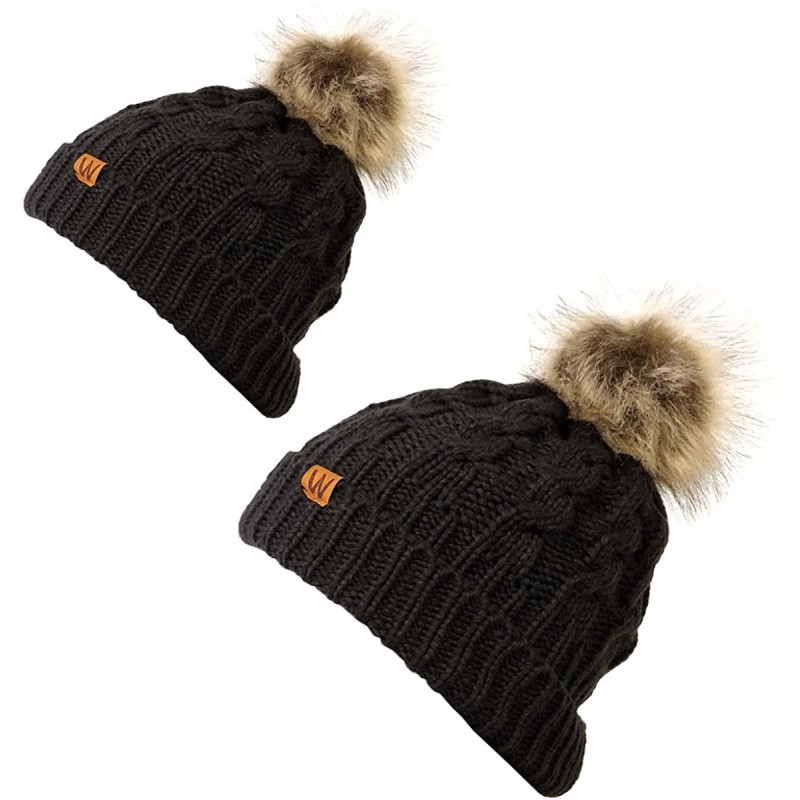 Skullies & Beanies Winter Warm Cable Knit Faux Fur Pom Pom Beanie - Mommy & Me Set Black - CB180G4KG3X $17.34